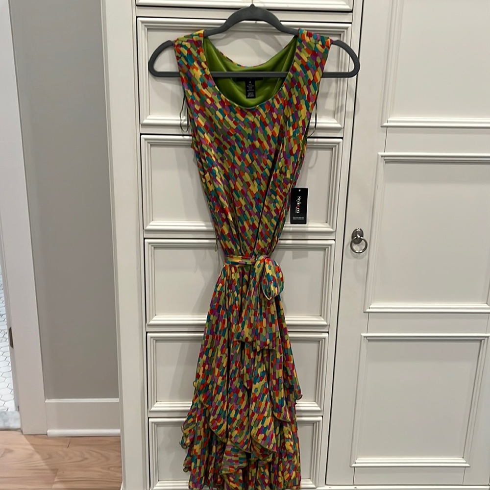 Style & co. Multicolored dress with tie at waist.